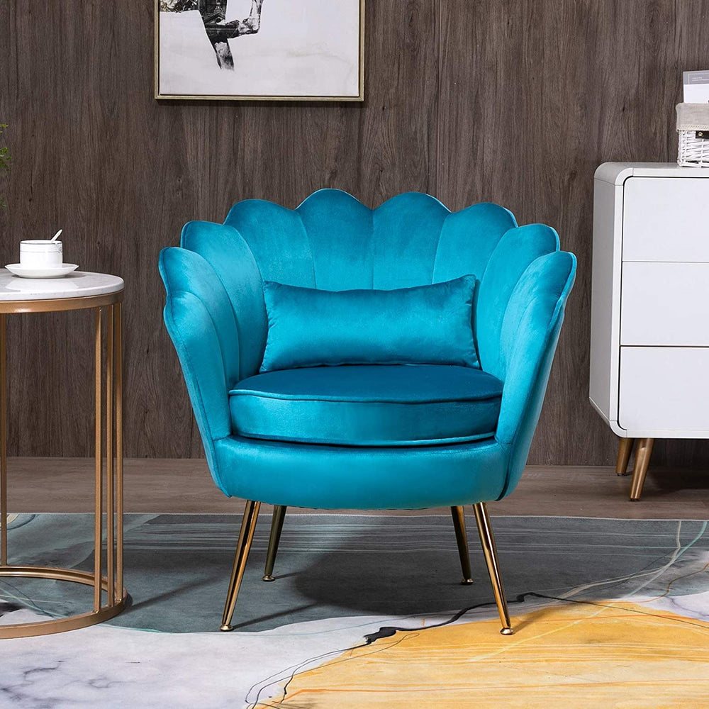 Azure Blue Velvet Chair with Lumbar Pillow for Bedroom, Accent Chair Mid Century Modern Vanity Chair for Living Room, Fabric Upholstered Arm Chair Guest Chair with Golden Metal Legs