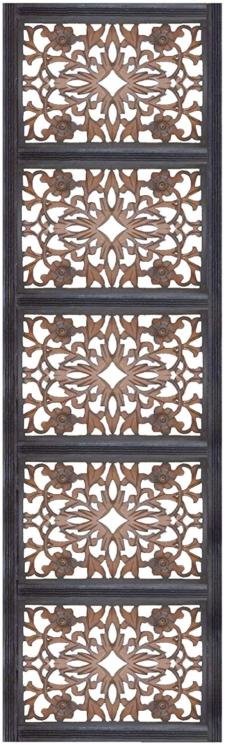 Rectangular Wall Panel with Intricate Floral Carvings, Rectangle, Black and Brown