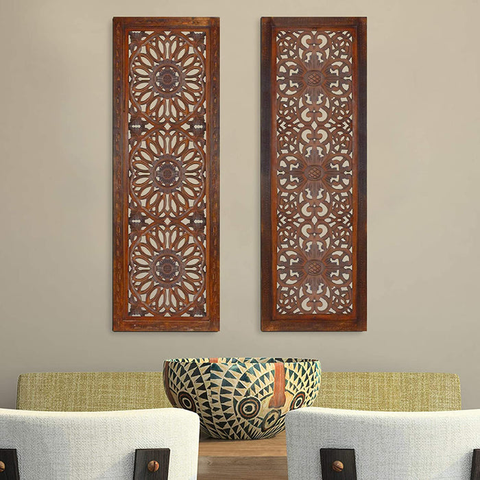 2 Piece Mango Wood Wall Panel Set with Mendallion Carving, Rectangle, Burnt Brown