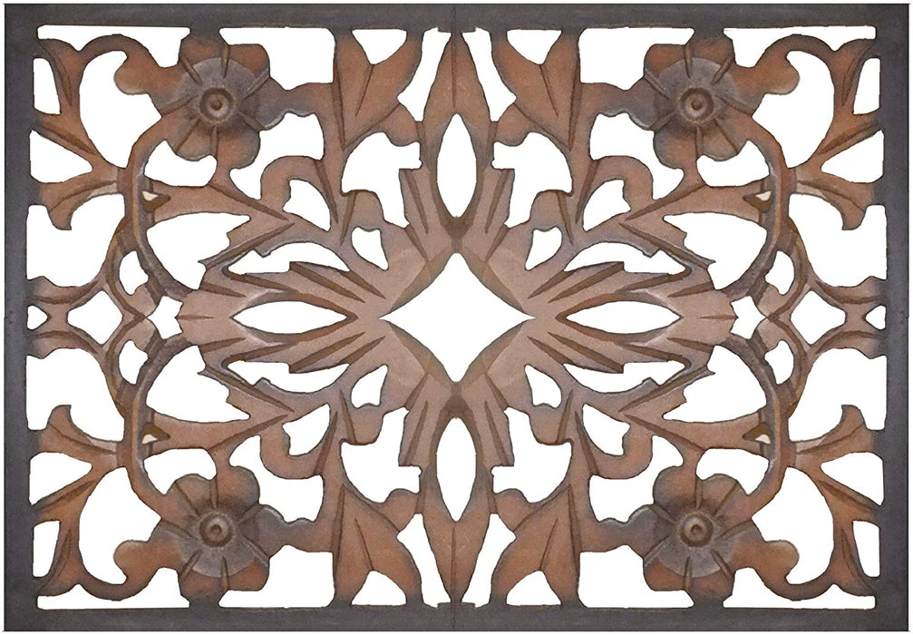 Rectangular Wall Panel with Intricate Floral Carvings, Rectangle, Black and Brown