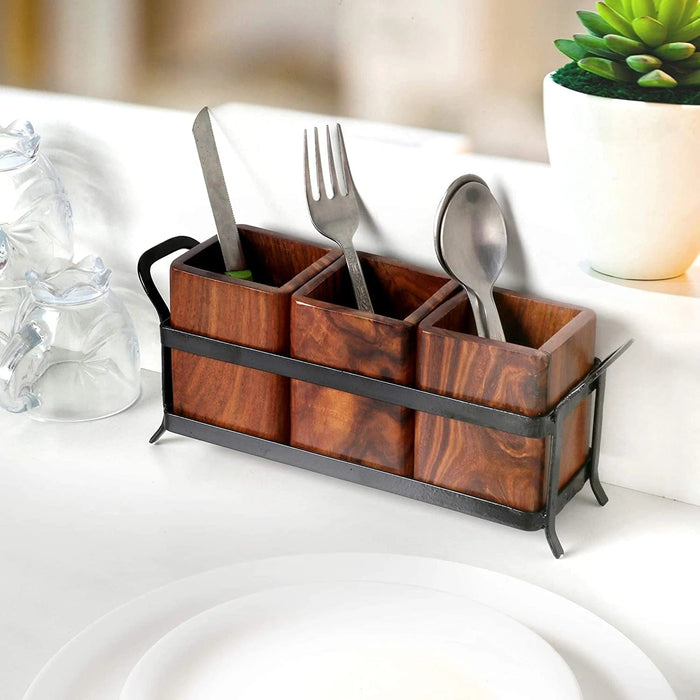 WOODEN & IRON CUTLERY HOLDER/TABLE ORGANIZER/MULTIPURPOSE STAND