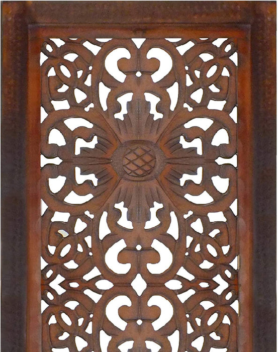 2 Piece Mango Wood Wall Panel Set with Mendallion Carving, Rectangle, Burnt Brown