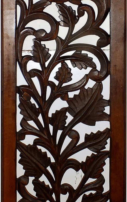 Mango Wood Wall Panel Hand Crafted with Leaves and Scroll Work Motif, Rectangle, Brown