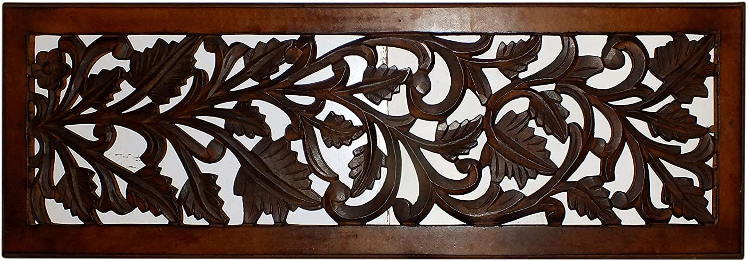 Mango Wood Wall Panel Hand Crafted with Leaves and Scroll Work Motif, Rectangle, Brown