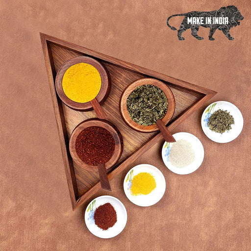 SHEESHAM WOOD TRIANGULAR CONTAINER TRAY SET WITH SPOONS