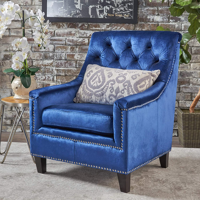 Tufted Back New Velvet Club Chair (Navy Blue