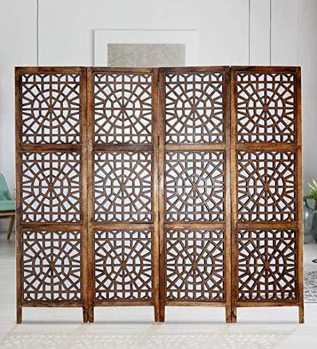 Solid Wood 4 Panel Room Wooden Partition (Brown) for Living Room