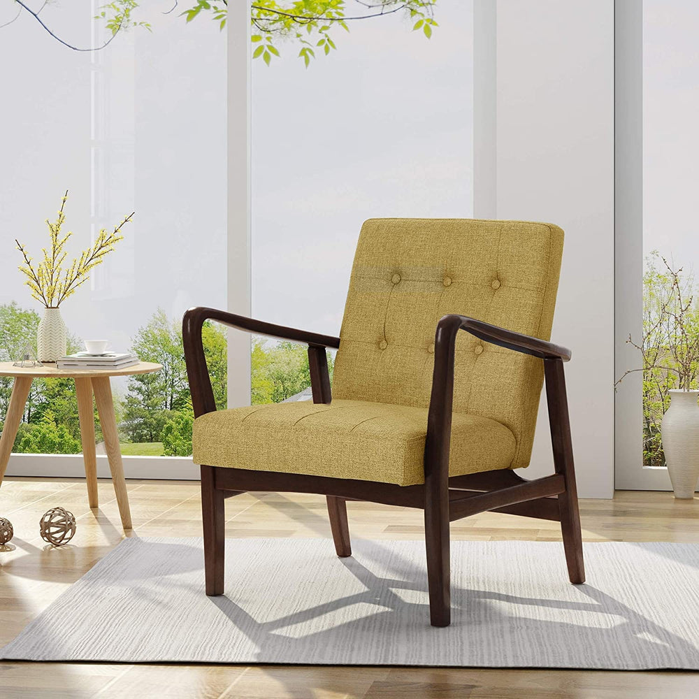 Conrad Fabric Mid-Century Birch Club Chair, Wasabi and Dark Espresso, Mustard