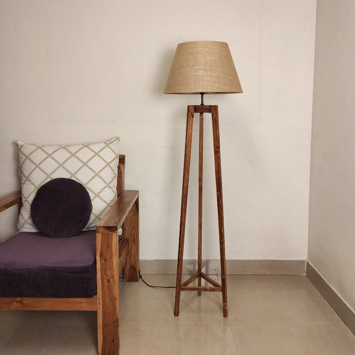 Adrienne Wooden Floor Lamp with Brown Base and Premium Beige Fabric Lampshade