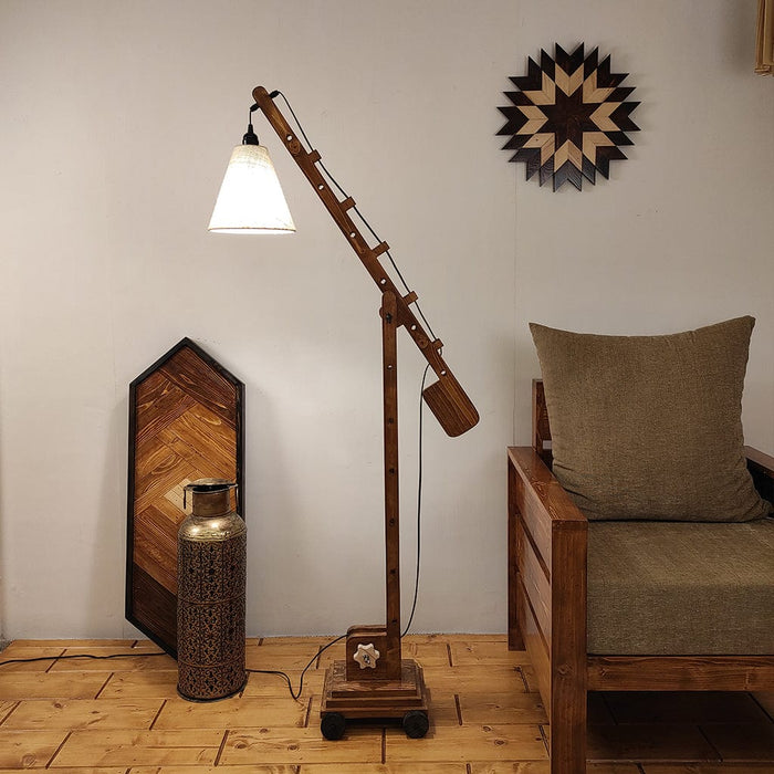 Angler Wooden Floor Lamp with Brown Base and Jute Fabric Lampshade