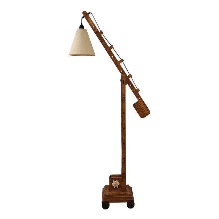 Angler Wooden Floor Lamp with Brown Base and Jute Fabric Lampshade