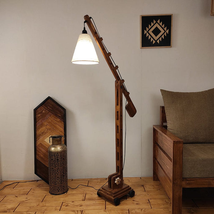 Angler Wooden Floor Lamp with Brown Base and Jute Fabric Lampshade