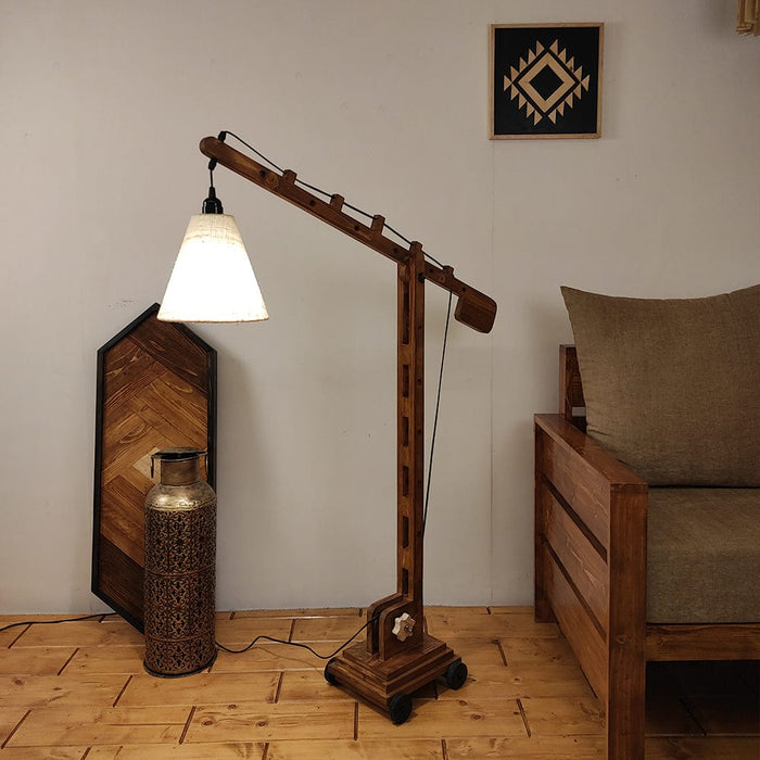 Angler Wooden Floor Lamp with Brown Base and Jute Fabric Lampshade