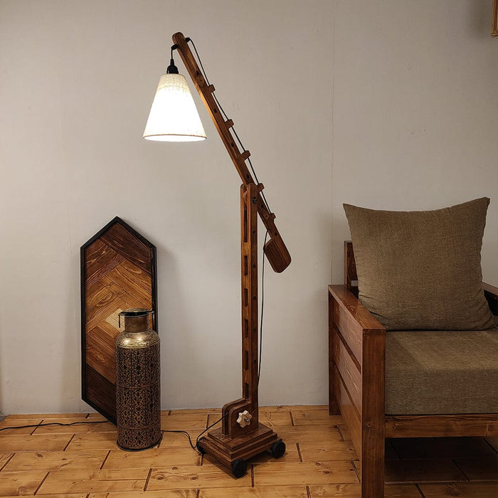 Angler Wooden Floor Lamp with Brown Base and Jute Fabric Lampshade