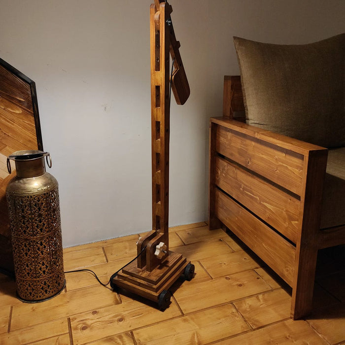 Angler Wooden Floor Lamp with Brown Base and Jute Fabric Lampshade