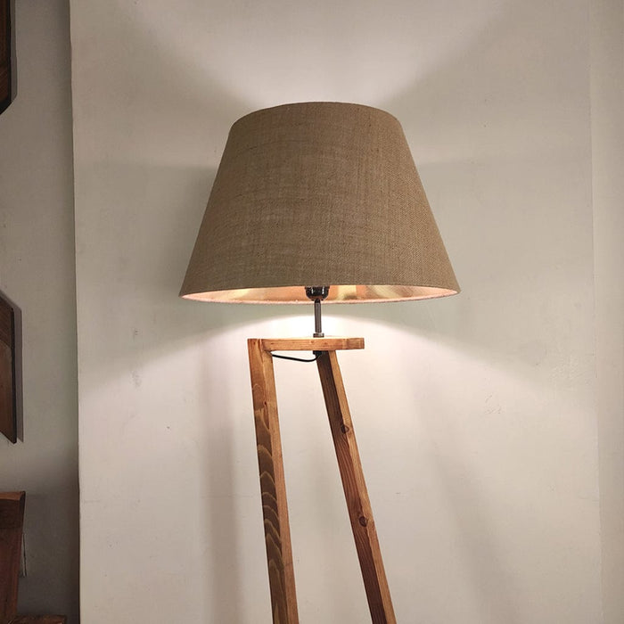 Emphasis Wooden Floor Lamp with Brown Base and Beige Fabric Lampshade