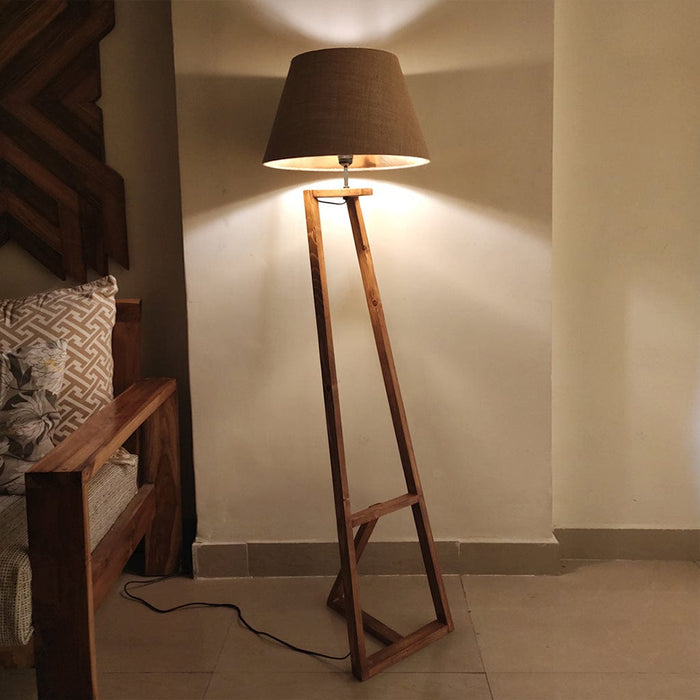 Emphasis Wooden Floor Lamp with Brown Base and Beige Fabric Lampshade