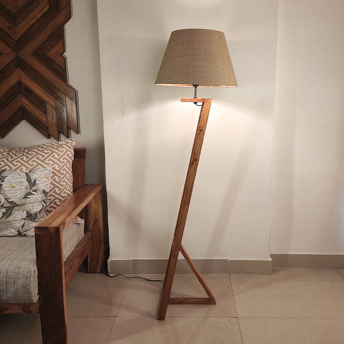 Emphasis Wooden Floor Lamp with Brown Base and Beige Fabric Lampshade