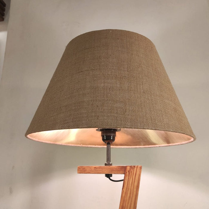 Emphasis Wooden Floor Lamp with Brown Base and Beige Fabric Lampshade