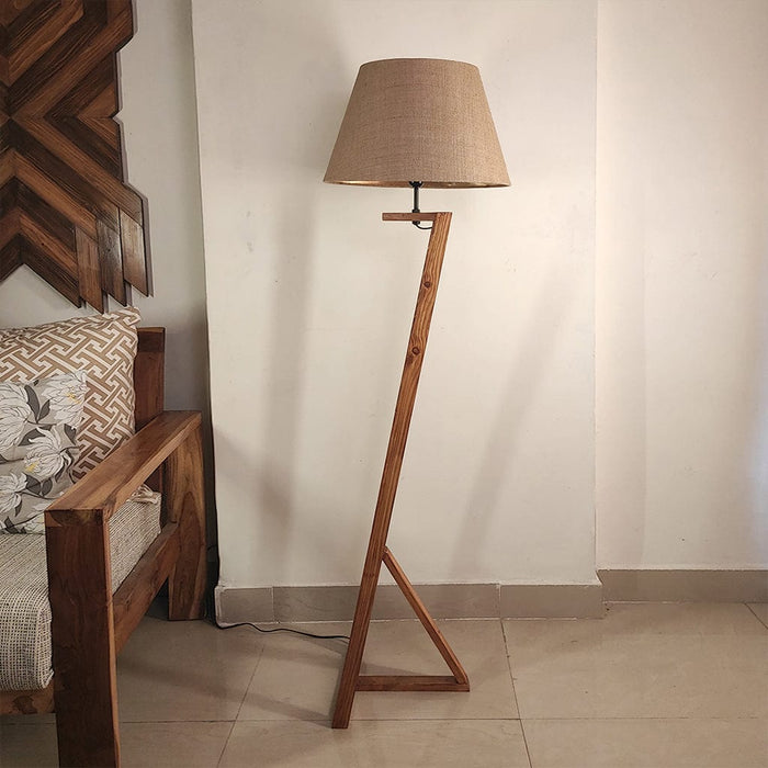 Emphasis Wooden Floor Lamp with Brown Base and Beige Fabric Lampshade