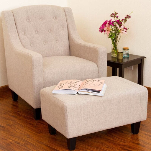 Wide Tufted Linen Armchair and Ottoman