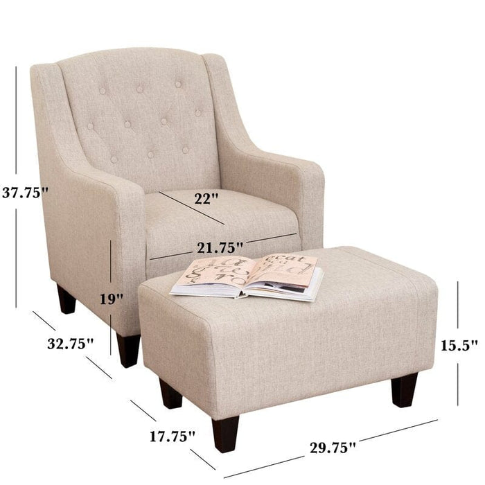 Wide Tufted Linen Armchair and Ottoman