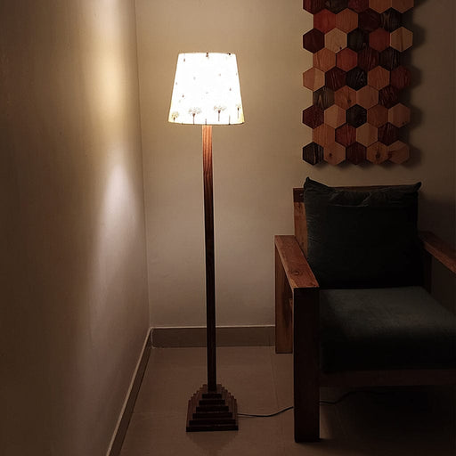 Focal Wooden Floor Lamp with Brown Base and Beige Wooden Lampshade