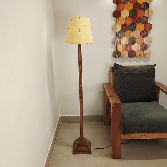 Focal Wooden Floor Lamp with Brown Base and Beige Wooden Lampshade