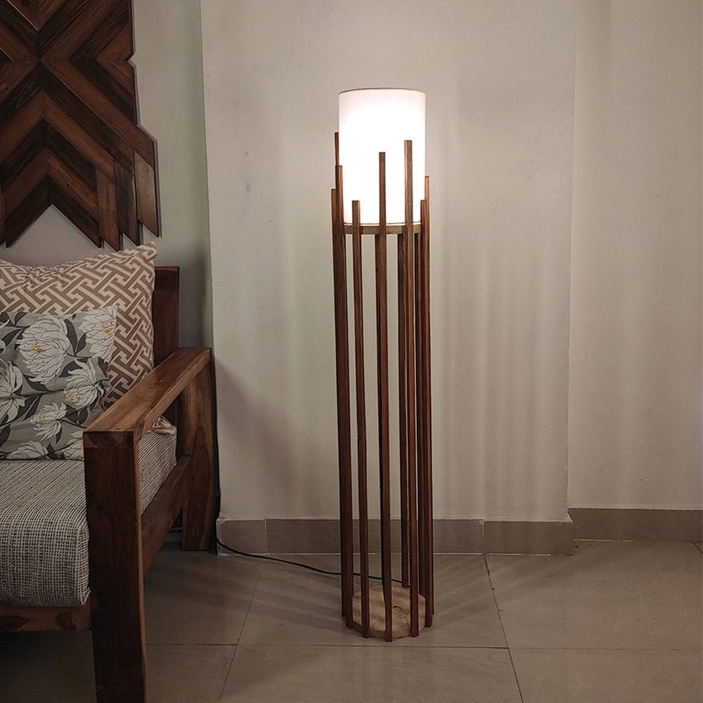 Accent Wooden Floor Lamp with Brown Base and Beige Fabric Lampshade