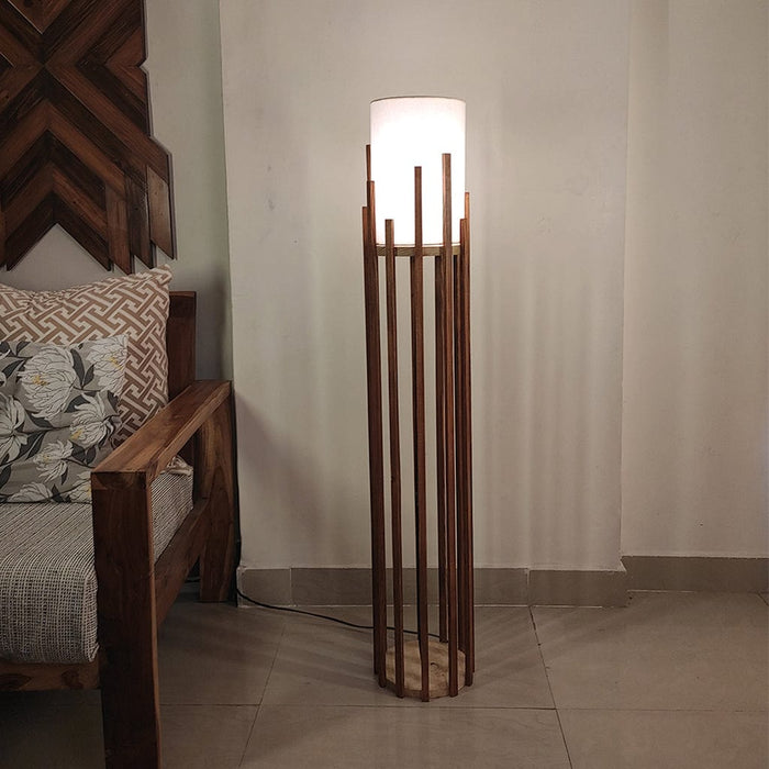 Accent Wooden Floor Lamp with Brown Base and Beige Fabric Lampshade