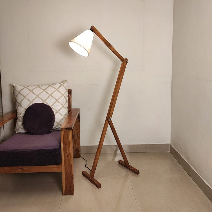 Benji Wooden Floor Lamp with Brown Base and Beige Fabric Lampshade