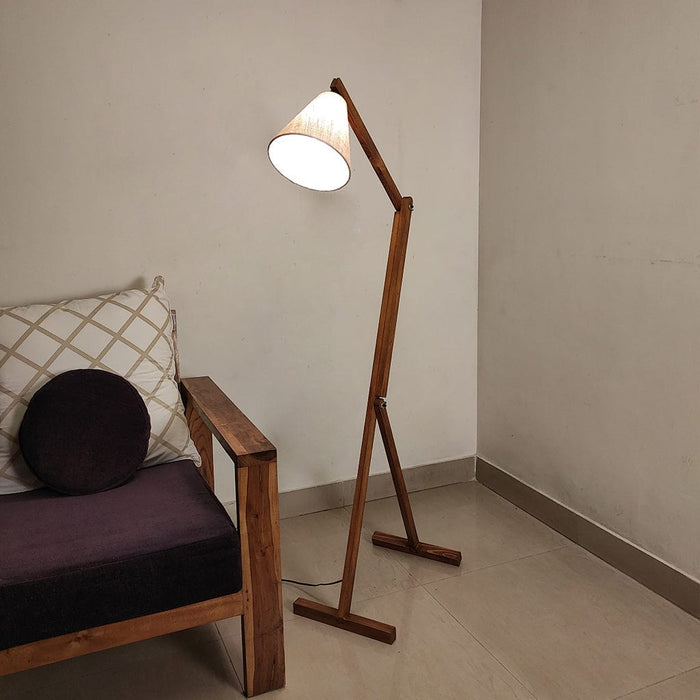 Benji Wooden Floor Lamp with Brown Base and Beige Fabric Lampshade