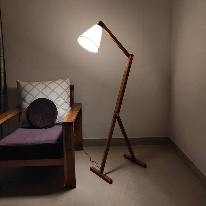 Benji Wooden Floor Lamp with Brown Base and Beige Fabric Lampshade