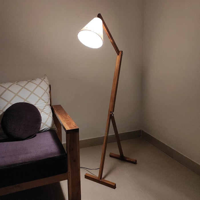 Benji Wooden Floor Lamp with Brown Base and Beige Fabric Lampshade