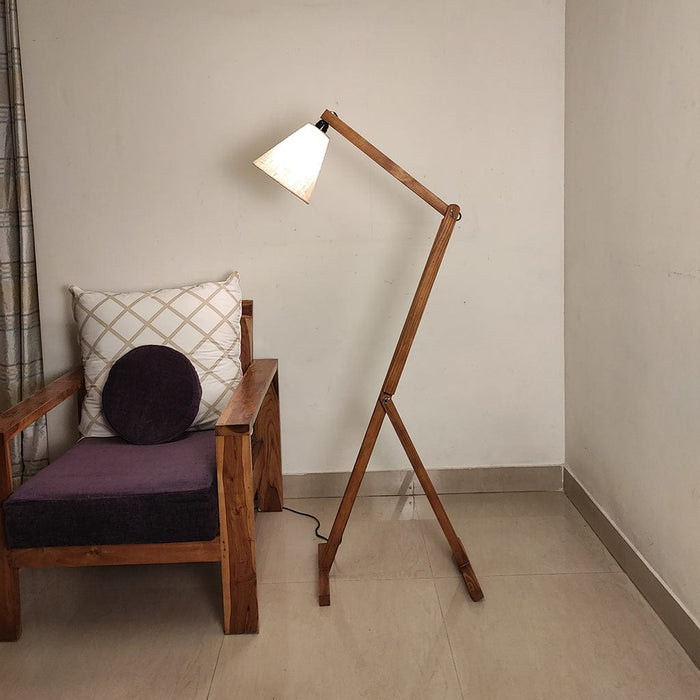 Benji Wooden Floor Lamp with Brown Base and Beige Fabric Lampshade