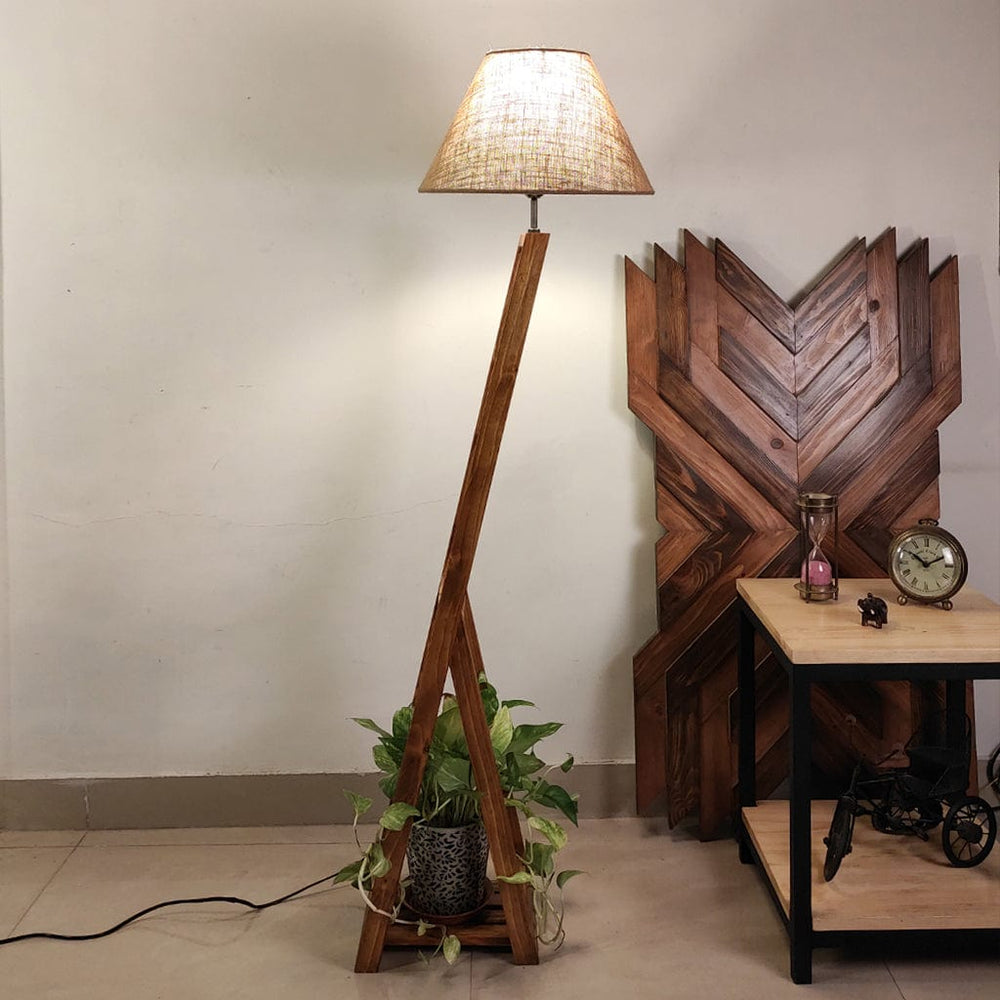 Biped Wooden Floor Lamp with Brown Base and Beige Fabric Lampshade