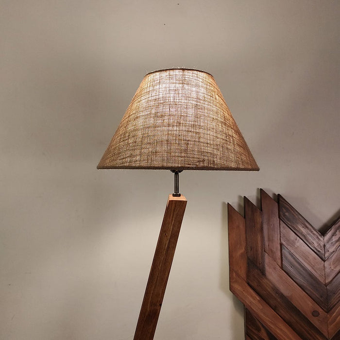 Biped Wooden Floor Lamp with Brown Base and Beige Fabric Lampshade