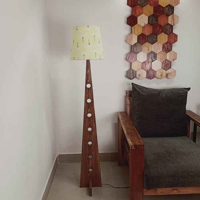 Bevel Wooden Floor Lamp with Brown Base and Yellow Printed Fabric Lampshade