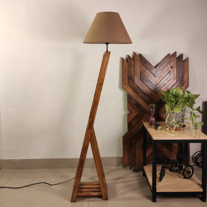 Biped Wooden Floor Lamp with Brown Base and Beige Fabric Lampshade