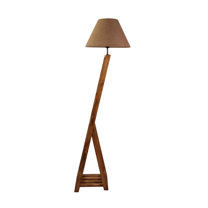 Biped Wooden Floor Lamp with Brown Base and Beige Fabric Lampshade