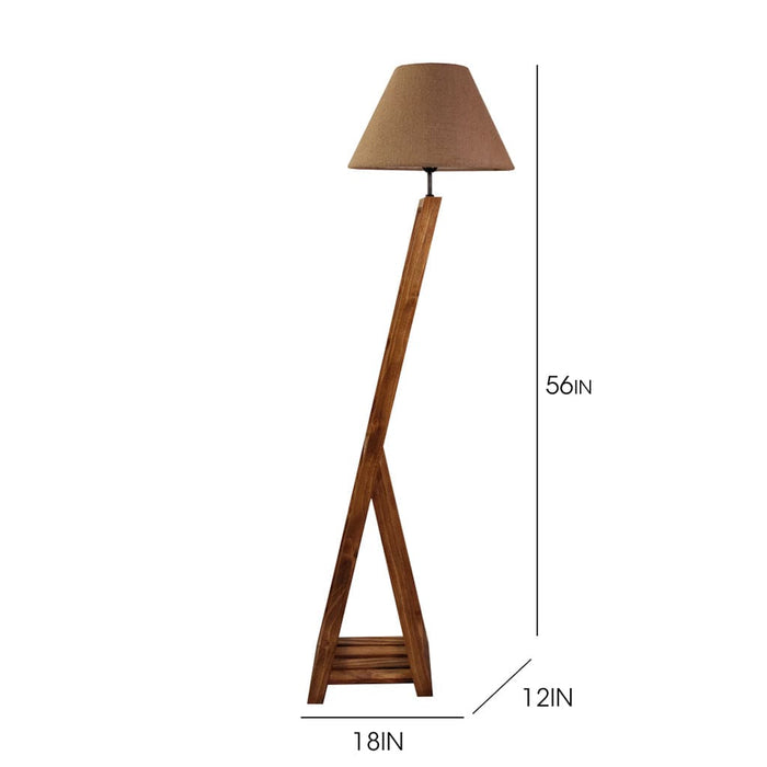 Biped Wooden Floor Lamp with Brown Base and Beige Fabric Lampshade