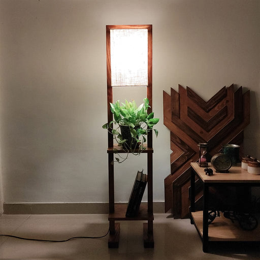 Vrikshya Wooden Floor Lamp with Brown Base and Premium Beige Fabric Lampshade