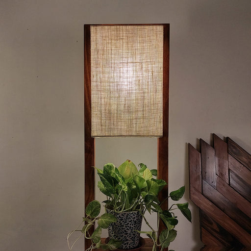 Vrikshya Wooden Floor Lamp with Brown Base and Premium Beige Fabric Lampshade