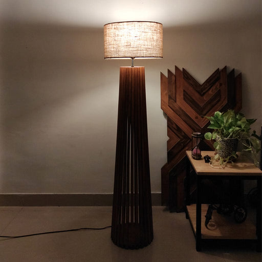 Ebenezer Wooden Floor Lamp with Brown Base and Beige Fabric Lampshade