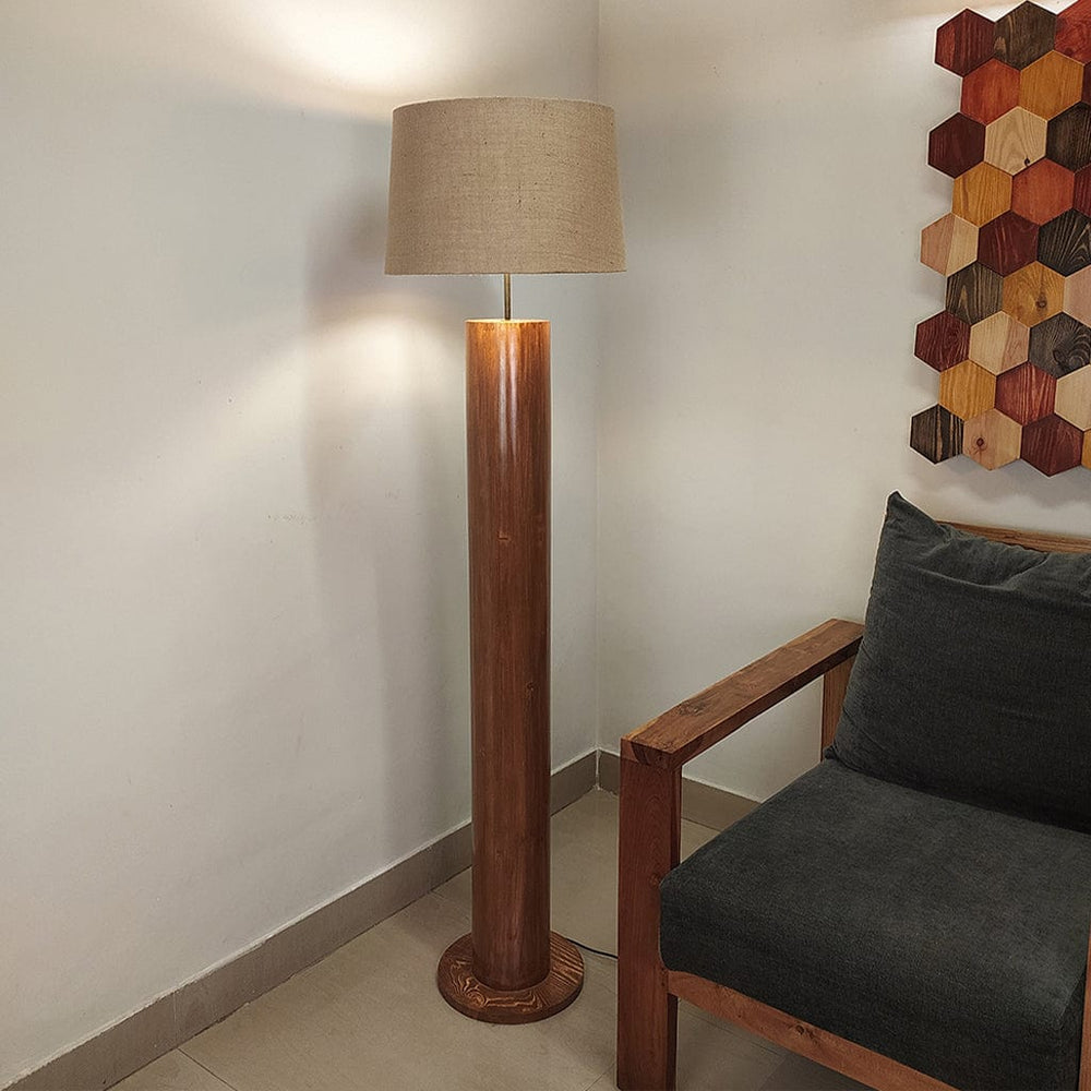 Cedar Wooden Floor Lamp with Premium Beige Fabric Lampshade