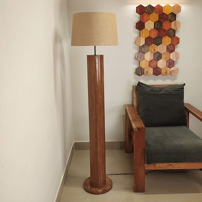 Cedar Wooden Floor Lamp with Premium Beige Fabric Lampshade