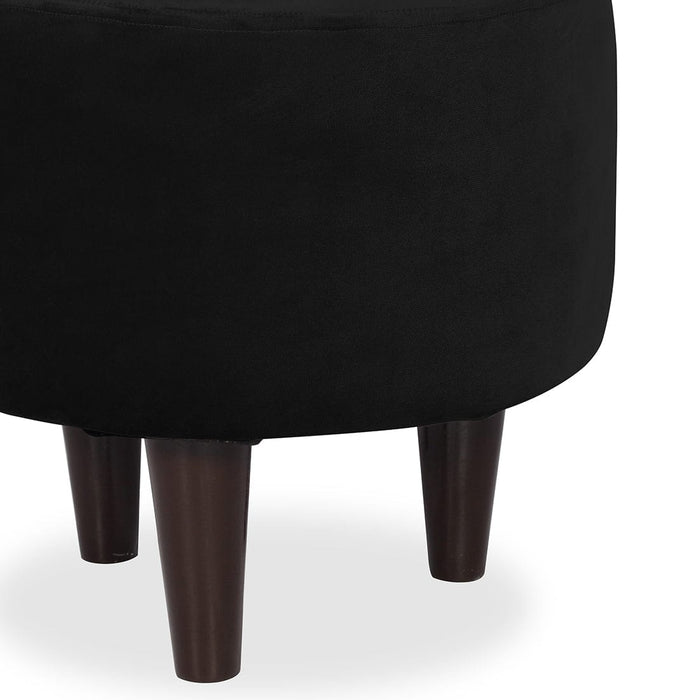 DOE BUCK ROUND  VELVET  OTTOMAN WITH WOODEN LEG IN BLACK