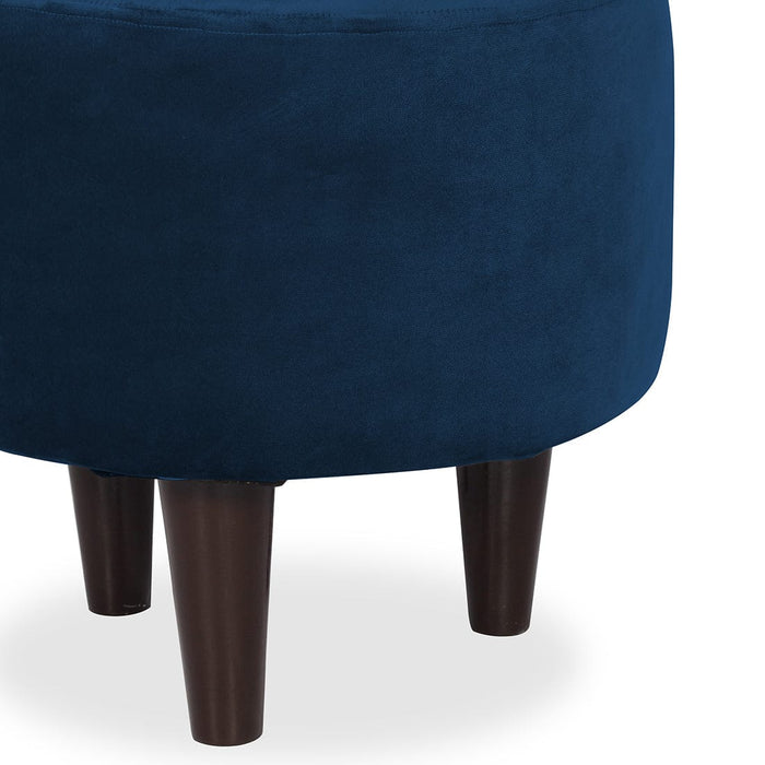 DOE BUCK ROUND  VELVET  OTTOMAN WITH WOODEN LEG IN BLUE