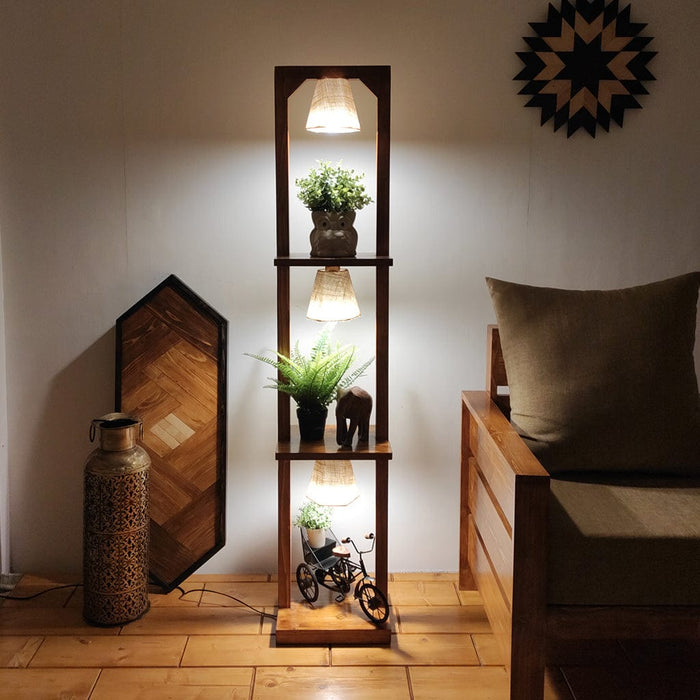 Daffodil Wooden Floor Lamp with Brown Base and Jute Fabric Lampshade