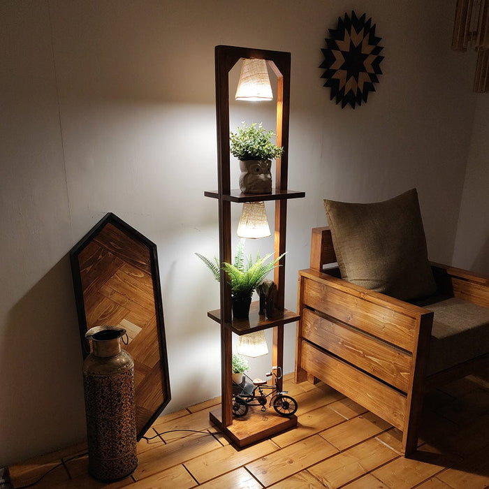 Daffodil Wooden Floor Lamp with Brown Base and Jute Fabric Lampshade